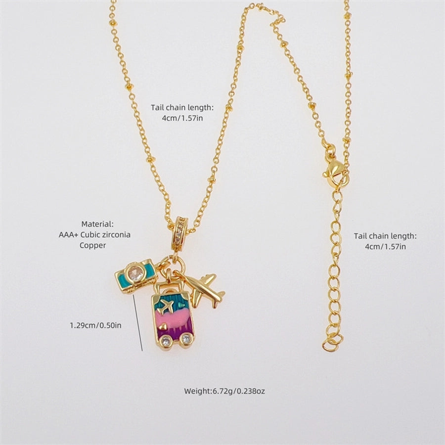 Copper 18K Gold Plated Inlay Sunflower Heart Shape Airplane Zircon Pendant Necklace