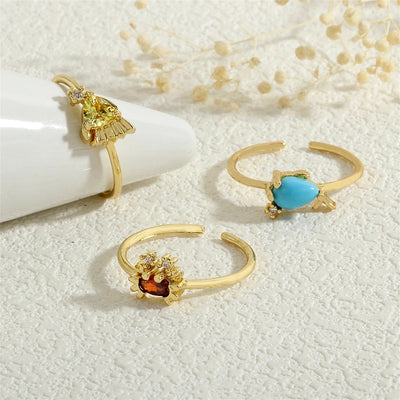 Copper Inlay Hippocampus Crab Fish Zircon Open Rings