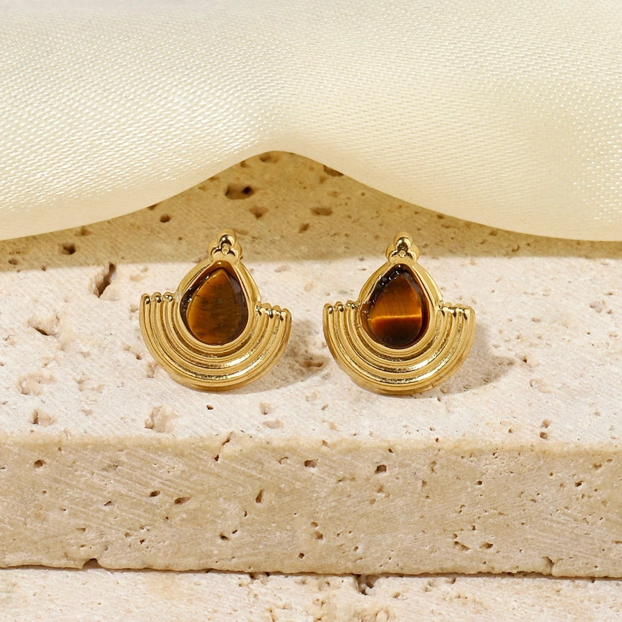One Pack and Two Pairs Retro French Style Geometric Plating Titanium Steel Natural Stone 14K Gold Plated Ear Studs