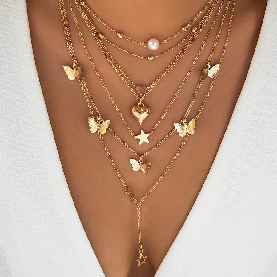 Wholesale Jewelry Retro Star Heart Shape Arylic Alloy Copper Plating Pendant Necklace