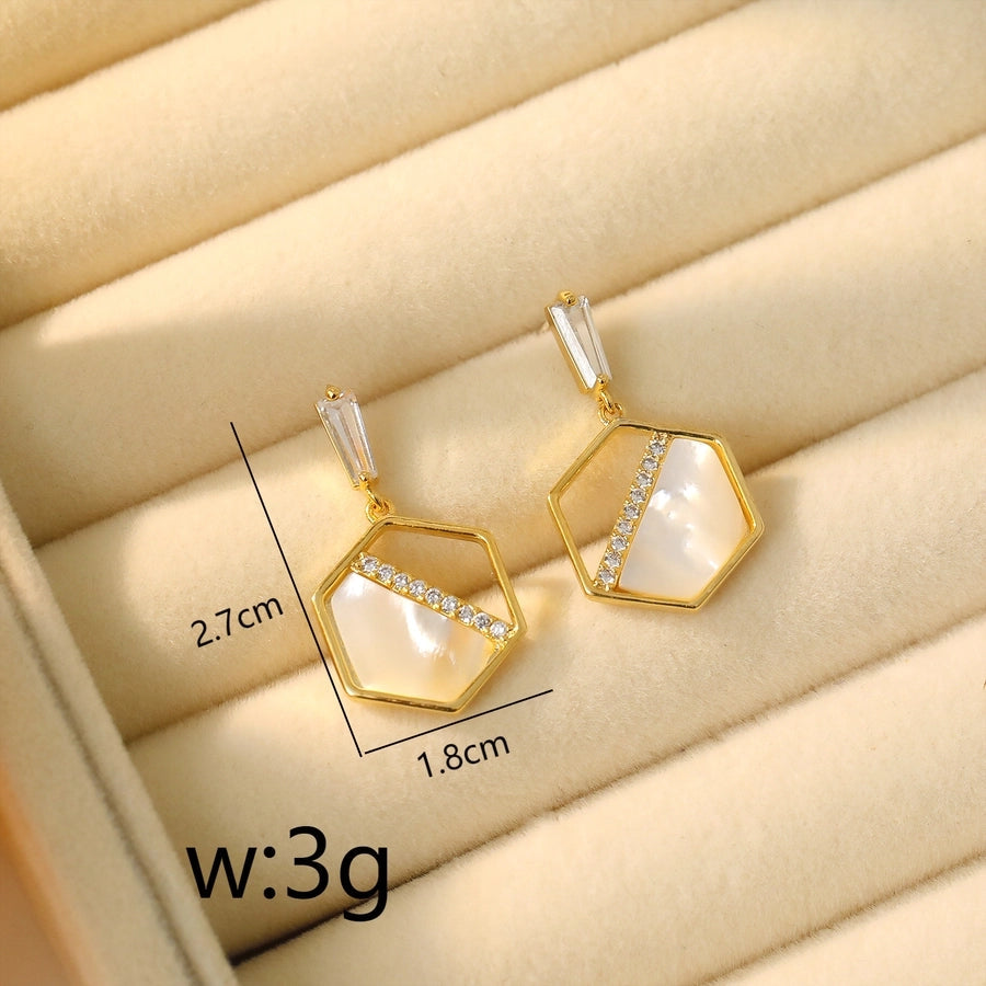 1 Pair Elegant Simple Style Commute Hexagon Inlay Copper White shell Zircon 14K Gold Plated Drop Earrings