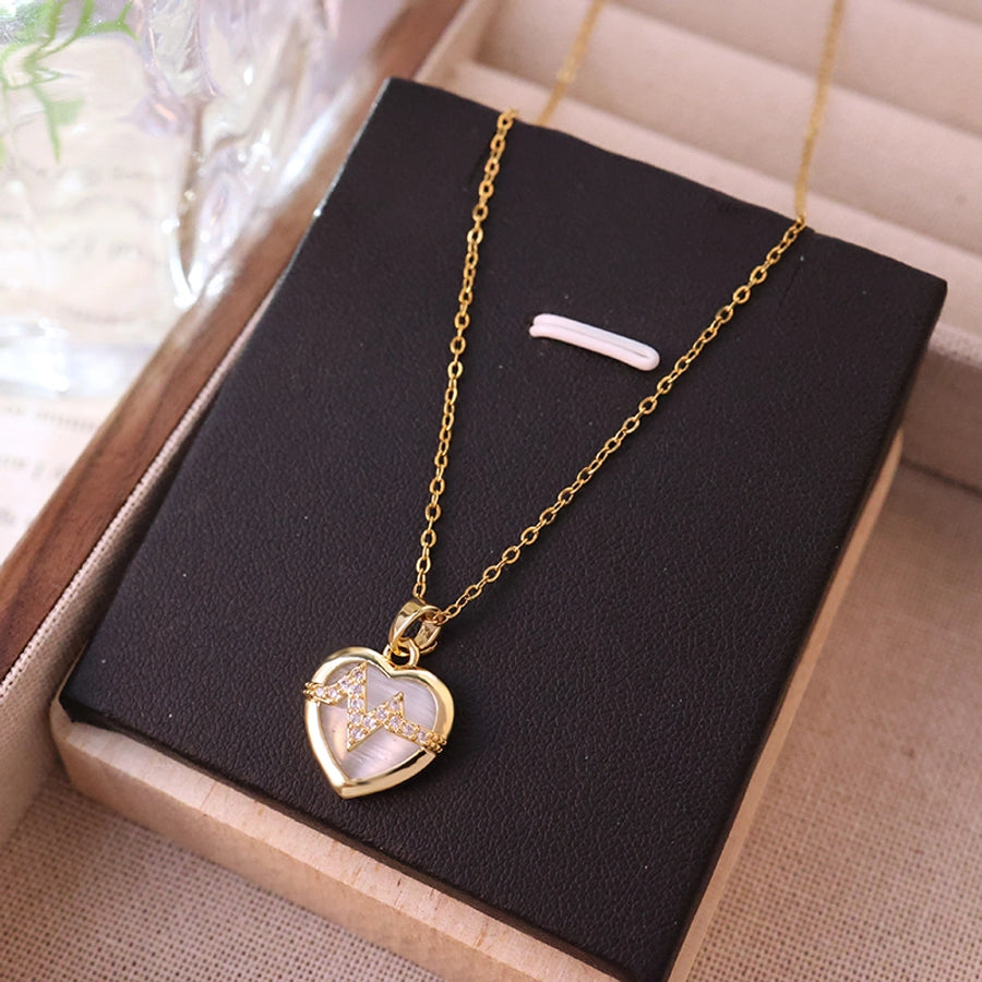 304 Stainless Steel Copper 18K Gold Plated Inlay Heart Shape Zircon Pendant Necklace