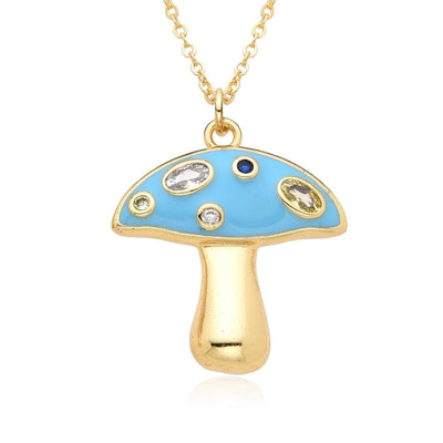 Copper Inlay Mushroom Zircon Pendant Necklace