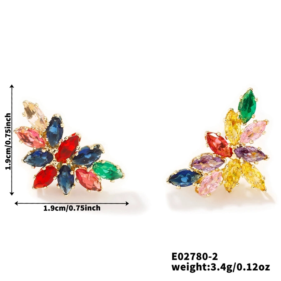 1 Pair Elegant Artistic Streetwear Leaf Asymmetrical Copper Glass Zircon K Gold Plated Rhodium Plated Ear Studs