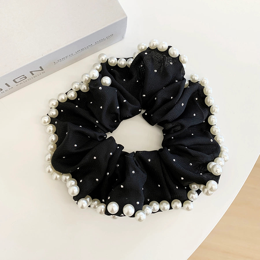 Large Embroidered Pearl Mesh Large Intestine Hair Ring Ponytail Hair String Retro Simple French High-End Hepburn Style Hair Accessories for Women