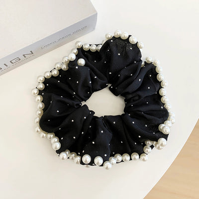 Large Embroidered Pearl Mesh Large Intestine Hair Ring Ponytail Hair String Retro Simple French High-End Hepburn Style Hair Accessories for Women