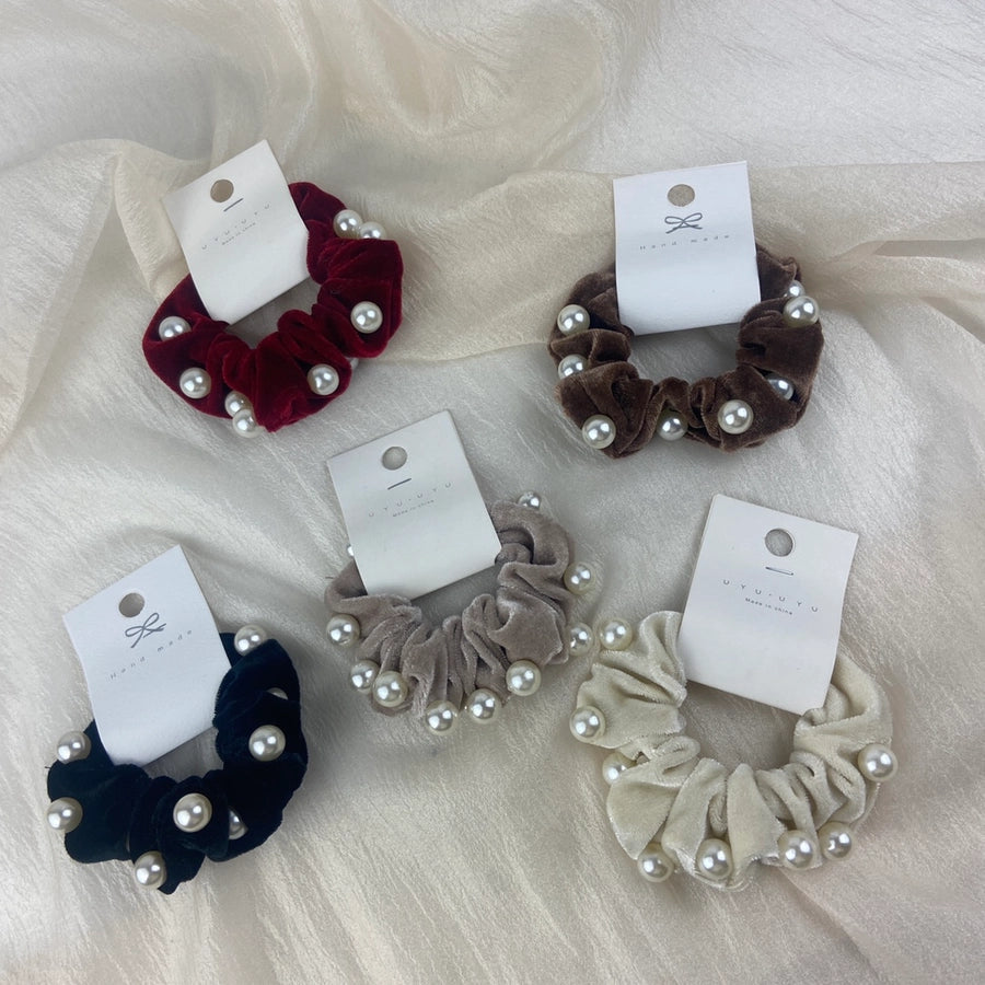 elegant solid color artificial pearl flannel hair tie