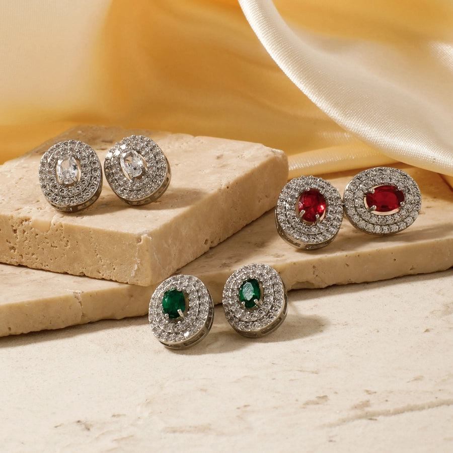 1 Pair Retro Sweet Shiny Oval Inlay Copper Glass Zircon Rhodium Plated Ear Studs