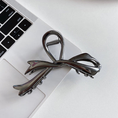 Ribbon bow hairpin for women  new back head clip shark clip high-end silver metal clip hairpin