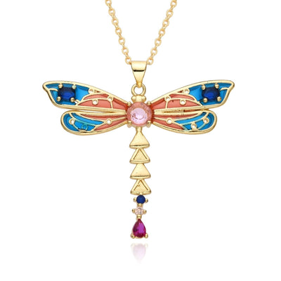 Copper Inlay Snake Dragonfly Zircon Pendant Necklace