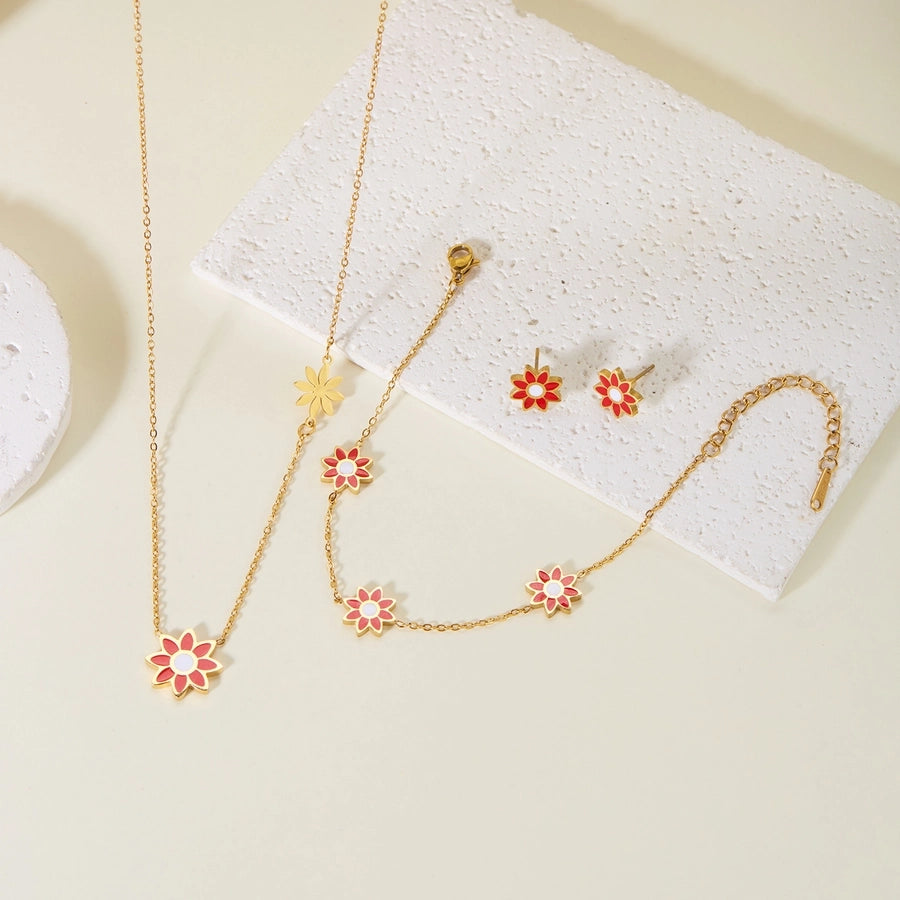 Premium Little Daisy Flower Bracelet Necklace Ear Stud Three-Piece Set Sweet Personality Niche Stainless Steel Ornament