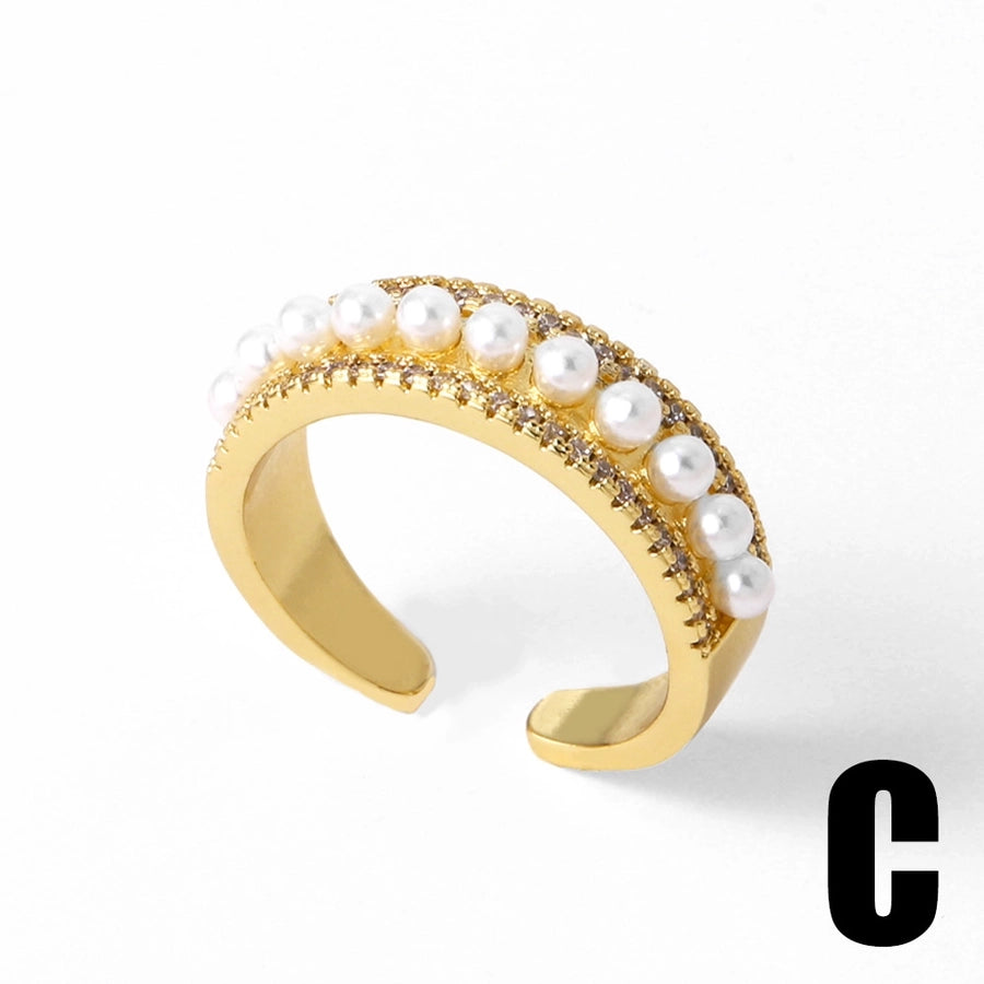 Copper 18K Gold Plated Inlay Geometric Heart Shape Pearl Zircon Open Rings