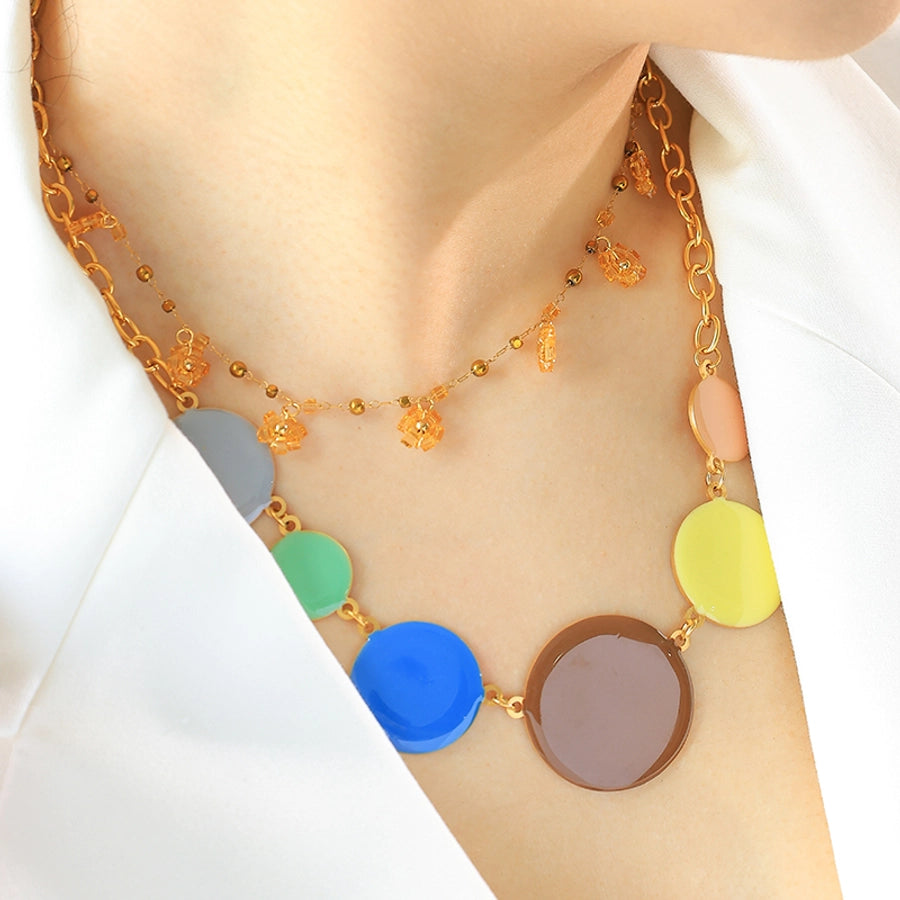 Jewelry Modern Style Round Flower 304 Stainless Steel 14K Gold Plated Beaded Enamel Plating Pendant Necklace