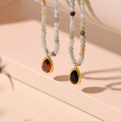 Elegant Vacation Water Droplets 304 Stainless Steel natural stone Zircon Beaded Chain Pendant Necklace In Bulk