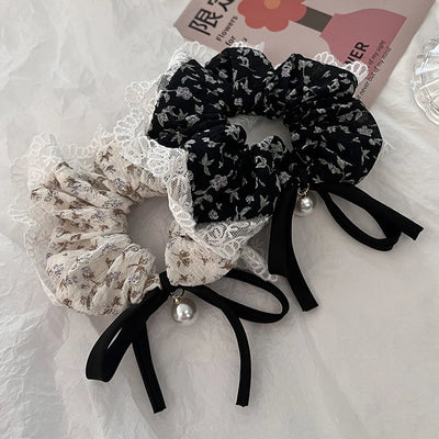 Women's Japanese Style Sweet Flower Cloth Handmade Pearl Lace Hair Tie