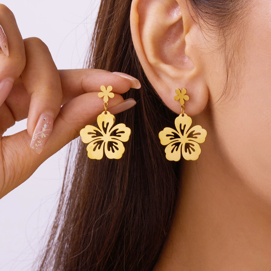 1 Pair Elegant Tropical Leaves Flower Shell 201 Stainless Steel Drop Earrings