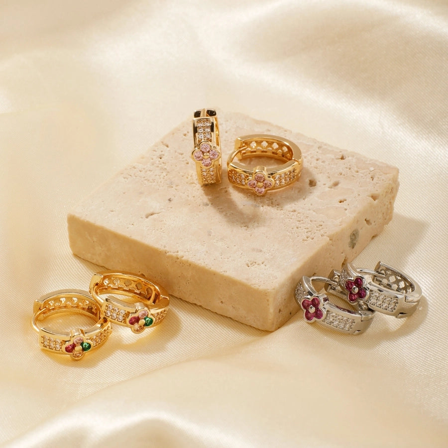 1 Pair Elegant Simple Style Shiny Geometric Four Leaf Clover Inlay Copper Zircon K Gold Plated Rhodium Plated Earrings