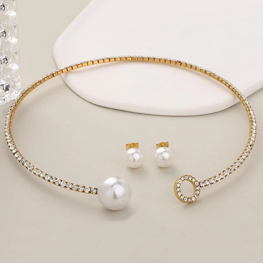 Jewelry Glam Luxurious Shiny Circle Square Heart Shape 304 Stainless Steel Imitation Pearl Rhinestone Jewelry Set