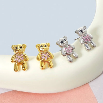 1 Pair Cute Bear Copper Zircon Ear Studs