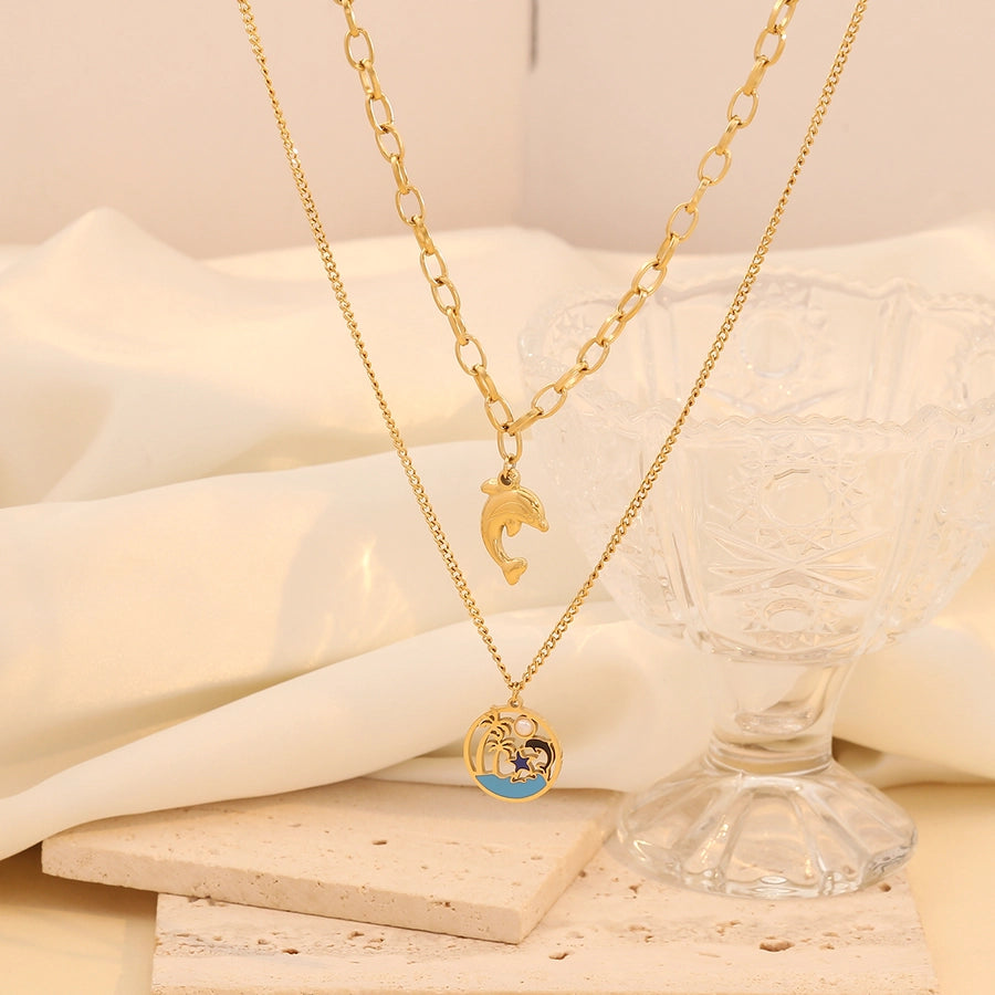 Jewelry Hawaiian Commute Coconut Tree Dolphin 304 Stainless Steel Pearl 18K Gold Plated Hollow Out Jewelry Set