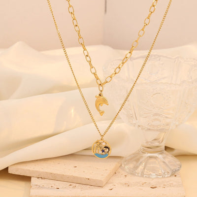 Jewelry Hawaiian Commute Coconut Tree Dolphin 304 Stainless Steel Pearl 18K Gold Plated Hollow Out Jewelry Set