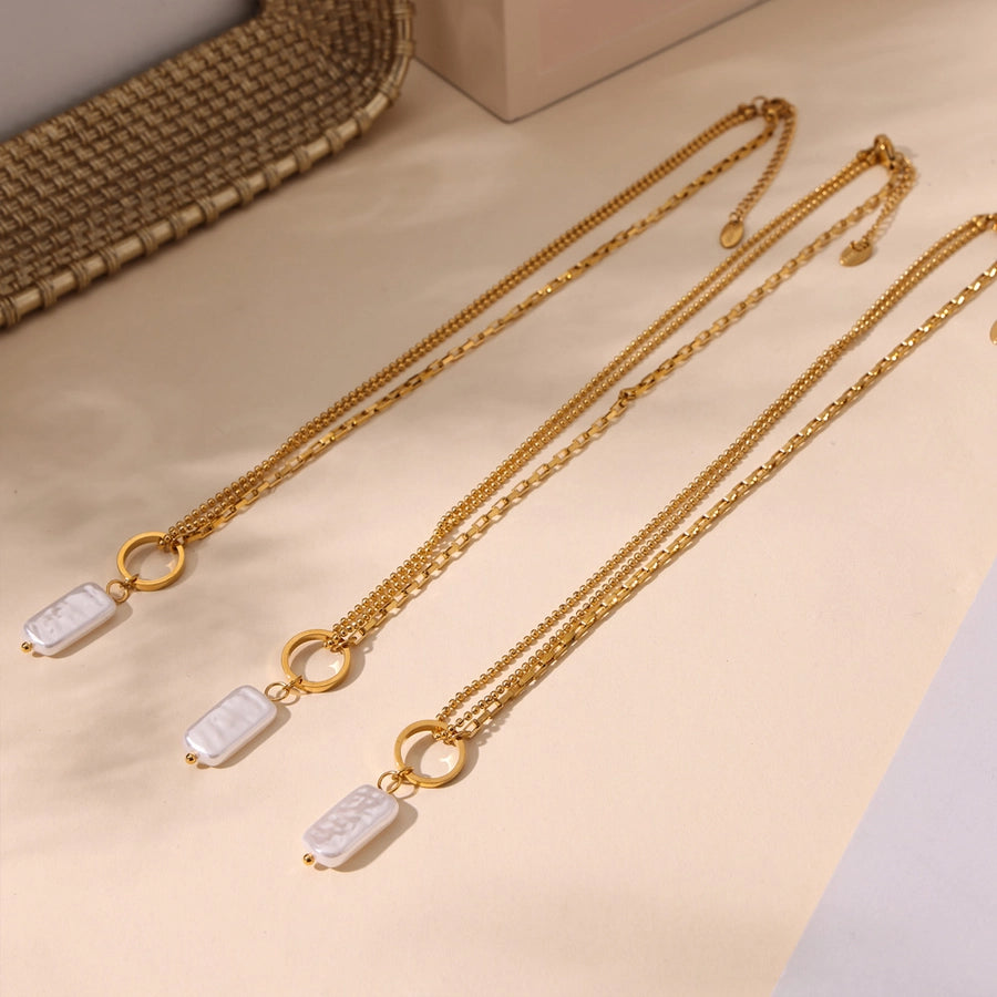 Jewelry Elegant Vacation Rectangle 304 Stainless Steel Baroque pearl 18K Gold Plated Pendant Necklace