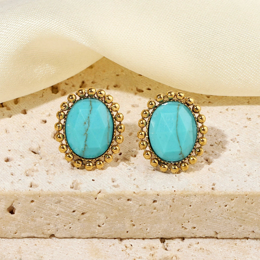 One Pack and Two Pairs Retro French Style Geometric Plating Titanium Steel Natural Stone 14K Gold Plated Ear Studs