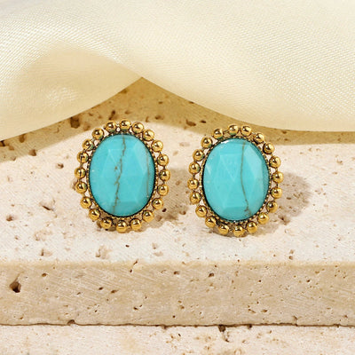 One Pack and Two Pairs Retro French Style Geometric Plating Titanium Steel Natural Stone 14K Gold Plated Ear Studs