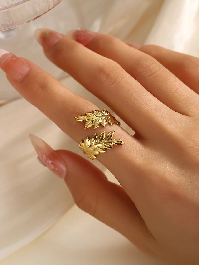 Jewelry Elegant Leaves Feather 304 Stainless Steel Open Rings