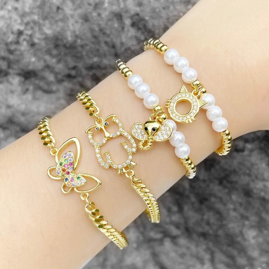 Copper 18K Gold Plated Inlay Owl Butterfly Elephant Zircon Bracelets
