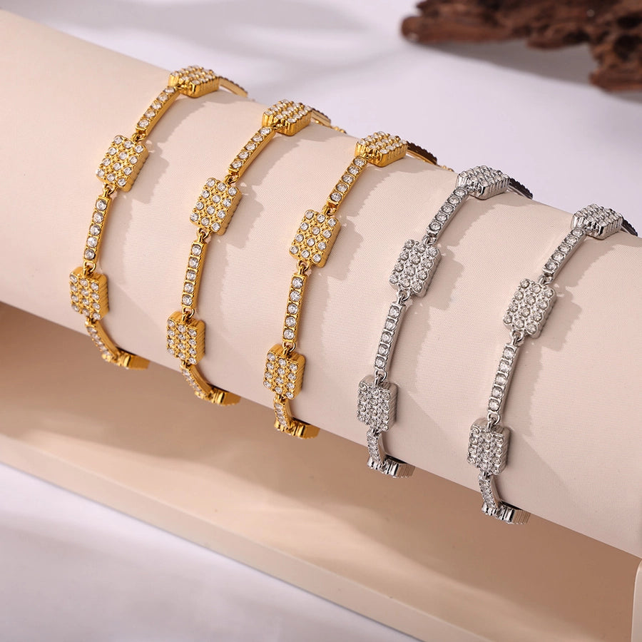 Elegant Rectangle 304 Stainless Steel 18K Gold Plated Zircon  Bracelets In Bulk