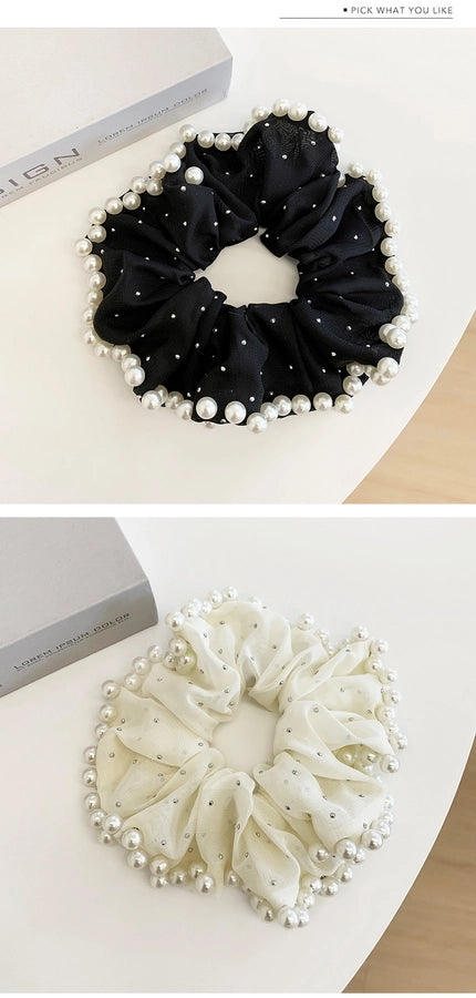 Large Embroidered Pearl Mesh Large Intestine Hair Ring Ponytail Hair String Retro Simple French High-End Hepburn Style Hair Accessories for Women