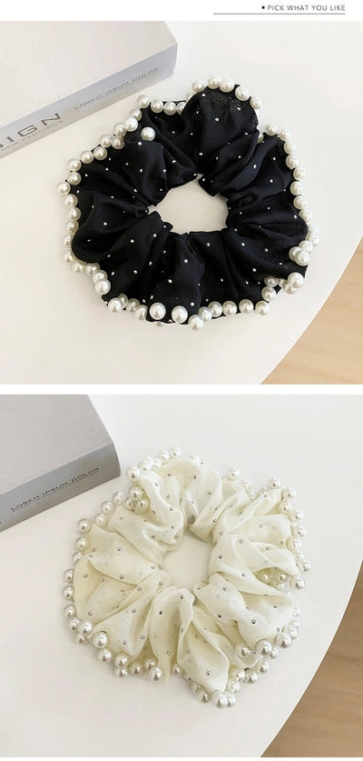 Large Embroidered Pearl Mesh Large Intestine Hair Ring Ponytail Hair String Retro Simple French High-End Hepburn Style Hair Accessories for Women