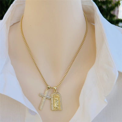 Copper 18K Gold Plated Inlay Portrait Cross Zircon Pendant Necklace