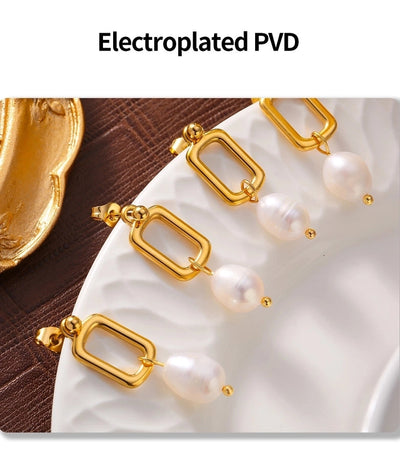 1 Pair Elegant French Style Quadrilateral Oval Plating 304 Stainless Steel Freshwater Pearl 18K Gold Plated Drop Earrings