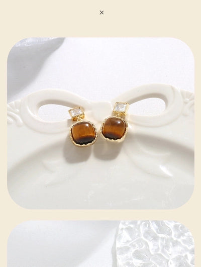 1 Pair Vintage Style Simple Style Geometric Round Heart Shape Plating Inlay Copper Natural Stone Zircon 18K Gold Plated Ear Studs