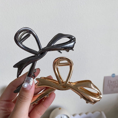 Ribbon bow hairpin for women  new back head clip shark clip high-end silver metal clip hairpin