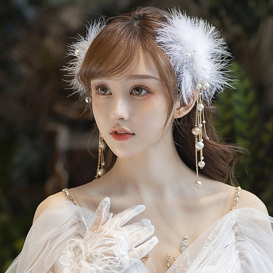 A Pair of New Super Fairy Hairy Hair Clips Feather Hairpin Girl Ancient Style Han Chinese Clothing Clip Hairware Bridal Mori Fairy Side Clip