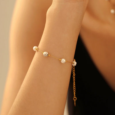 Europe and America  Natural Stone Imitation Pearl Clavicle Necklace Temperamental Bracelet  Style Niche Stainless Steel Jewelry Set