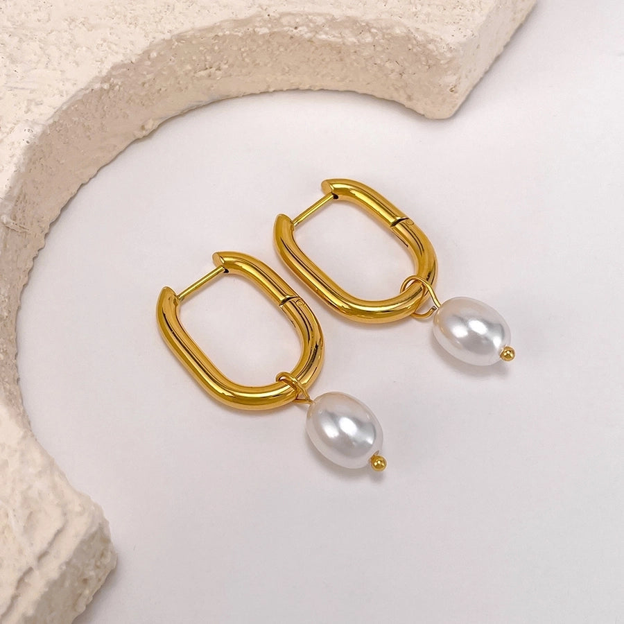 1 Pair French Style Geometric Pearl chain 304 Stainless Steel 18K Gold Plated Drop Earrings