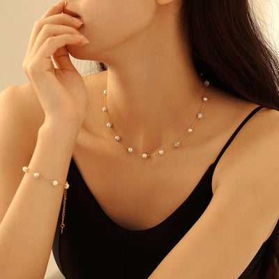 Europe and America  Natural Stone Imitation Pearl Clavicle Necklace Temperamental Bracelet  Style Niche Stainless Steel Jewelry Set