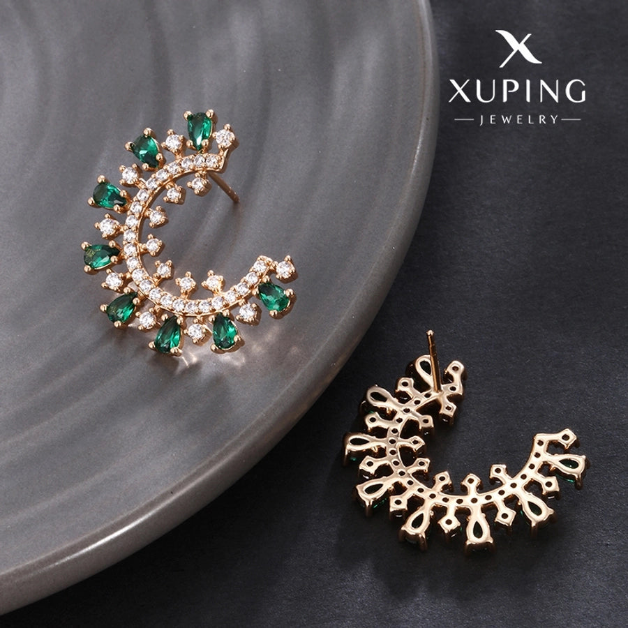 1 Pair Elegant C Shape Plating Copper Artificial Gemstones 18K Gold Plated Ear Studs