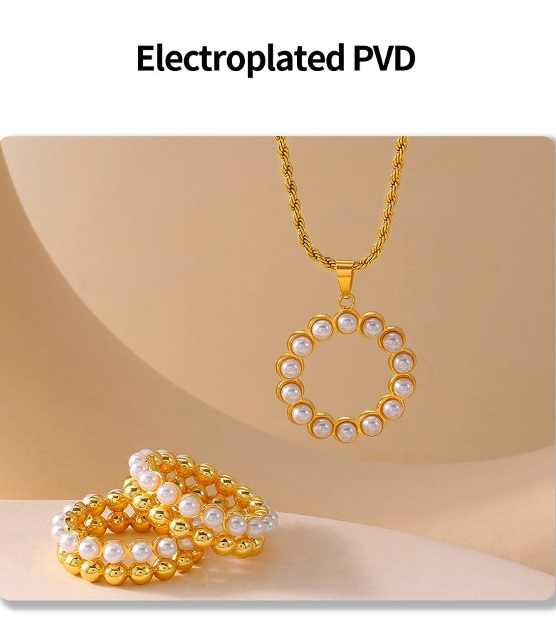 Jewelry Elegant Round 304 Stainless Steel Artificial Pearls 18K Gold Plated Plating Inlay Rings Necklace
