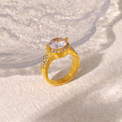 Jewelry Vintage Style Geometric Oval Titanium Steel Zircon 18K Gold Plated Inlay Rings