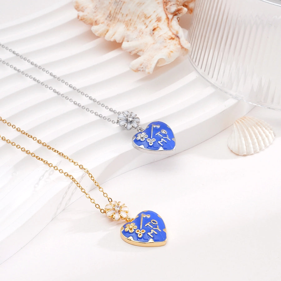 Jewelry IG Style Sweet Heart Shape Flower 304 Stainless Steel Copper Zircon 18K Gold Plated Enamel Inlay Pendant Necklace