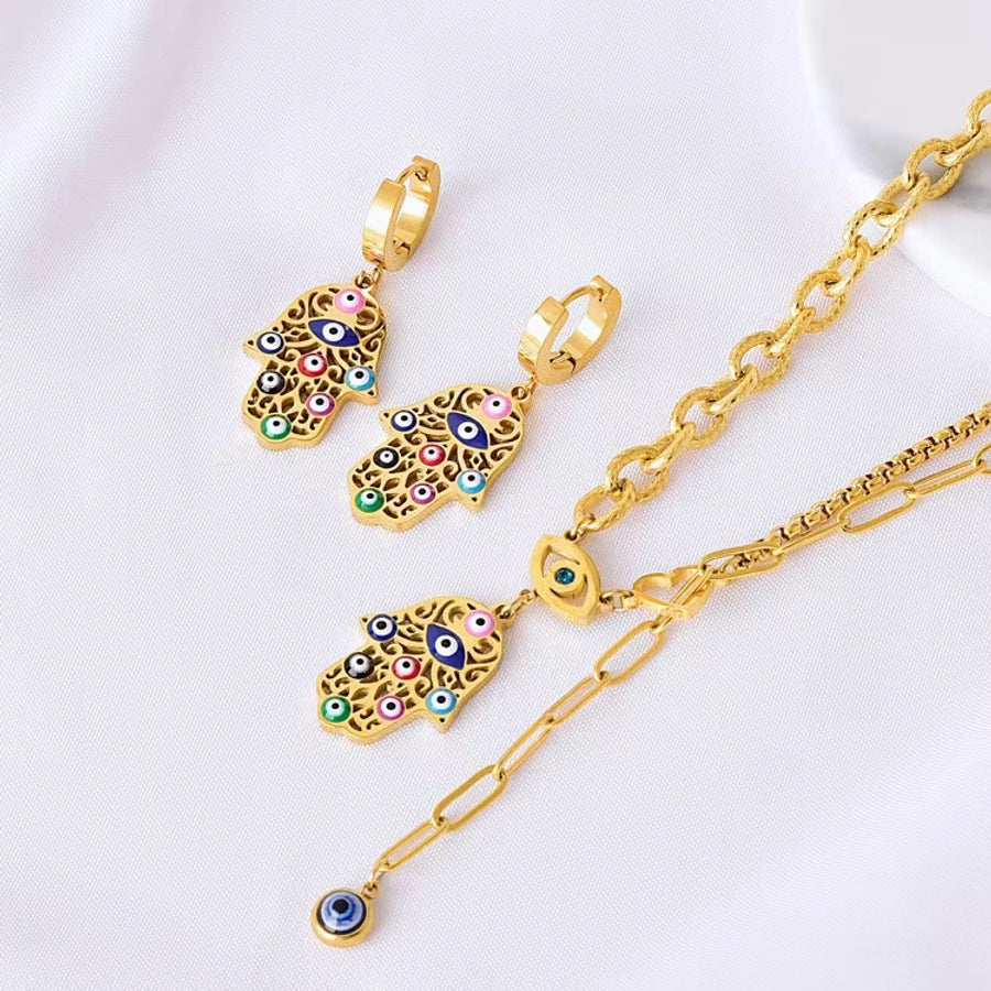 Titanium Steel Palm Eye Drop Oil 18K Gold Plated Bohemian Style Personality Fashion Vintage Necklace Bracelet Earring Set