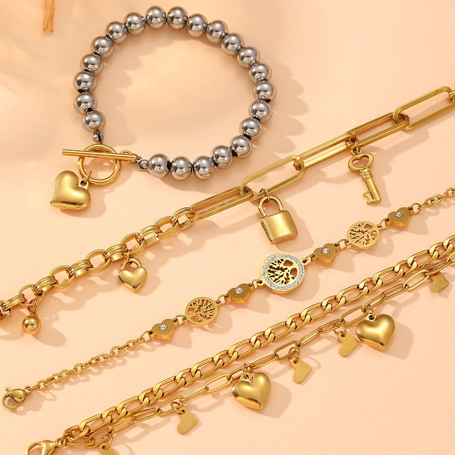 Elegant Heart Shape Titanium Steel 18K Gold Plated Beaded Chain cable chain Bracelets In Bulk