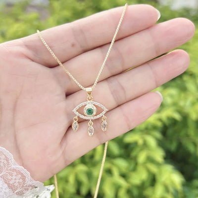 Copper box chain Heart Shape Eye Zircon Pendant Necklace