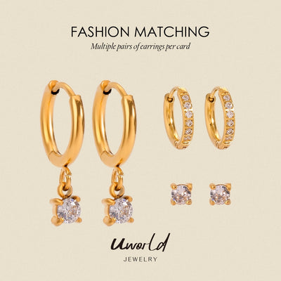 18K Gold Stainless Steel Rhinestone White Rhinestone Ear Clip Earrings 3 Pairs One Card