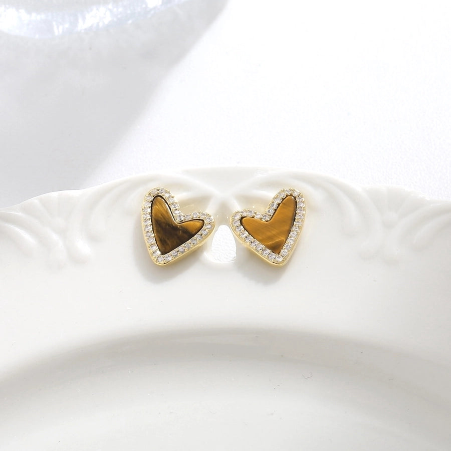 1 Pair Vintage Style Simple Style Geometric Round Heart Shape Plating Inlay Copper Natural Stone Zircon 18K Gold Plated Ear Studs
